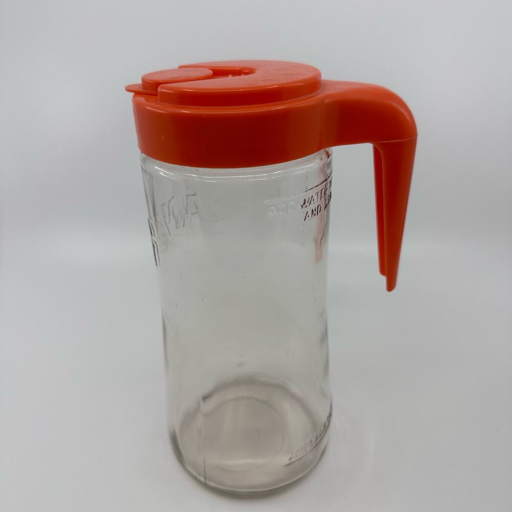 Anchor Hocking Glass Vintage 70s TANG Orange Drink Clear Glass Pitcher With Lid
